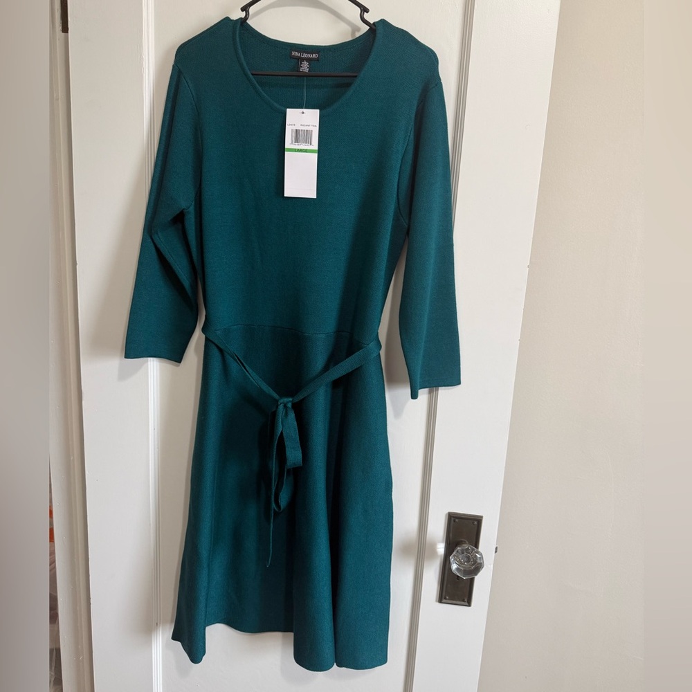 NWT Nina Leonard Teal Knit Sweater Dress
